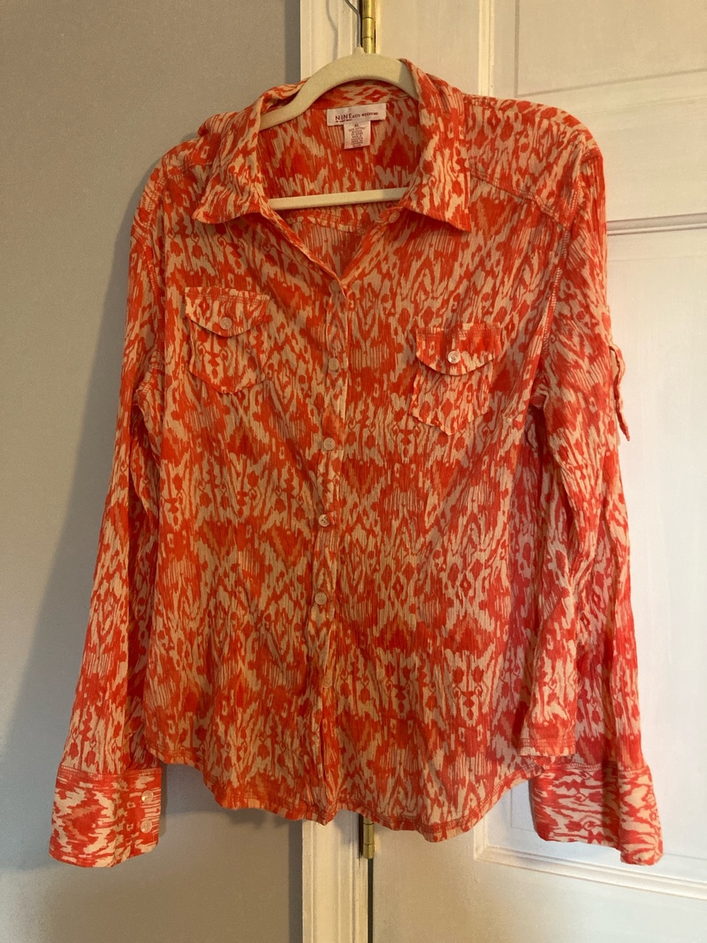 Nine West Coral and Cream Ikat Button-Down Shirt